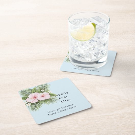 トロピカルブルーピンクハイビスカス結婚フローラ スクエアペーパーコースター (インサイチュ)