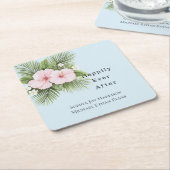 トロピカルブルーピンクハイビスカス結婚フローラ スクエアペーパーコースター (アングル)