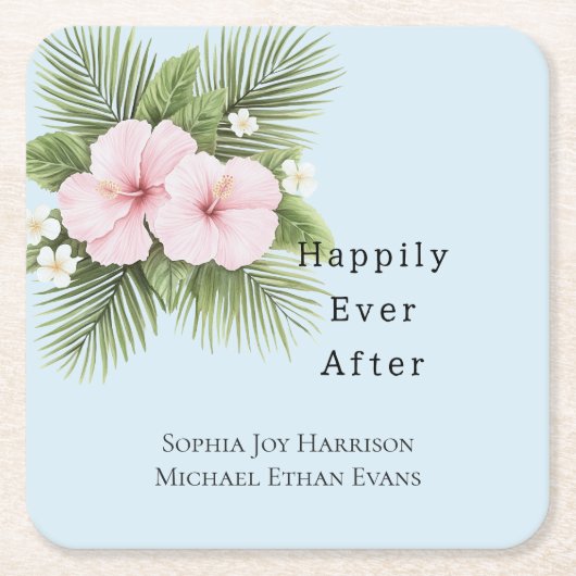 トロピカルブルーピンクハイビスカス結婚フローラ スクエアペーパーコースター (正面)