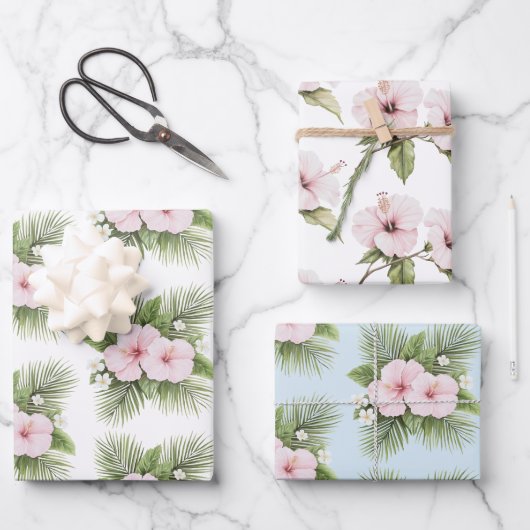 トロピカルブルーピンクハイビスカス結婚フローラ ラッピングペーパーシート (正面)