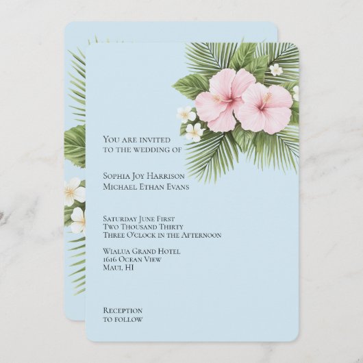 トロピカルブルーピンクハイビスカス結婚フローラ 招待状 (正面/裏面)