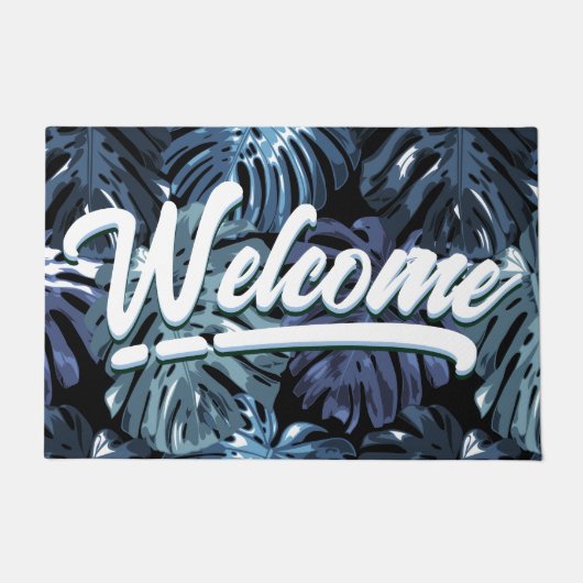 トロピカルブルーブラックパーム葉ズ歓迎 ドアマット (正面)