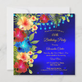 トロピカルブルーレッドイエローハイビスカスフローラ誕生日 招待状 (正面)