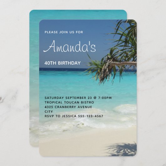 トロピカルブルー海ビーチシーンフォト誕生日 招待状 (正面/裏面)