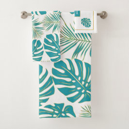 トロピカルブルー葉、金ゴールド及びモノグラム バスタオルセット