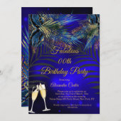 トロピカルブルー金ゴールドパームスシャンパンバースデーパーティー 招待状 (正面/裏面)