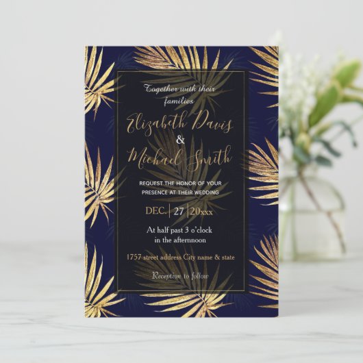 トロピカルブルー金ゴールドパーム葉ズグリーンリー 招待状 (スタンド正面)