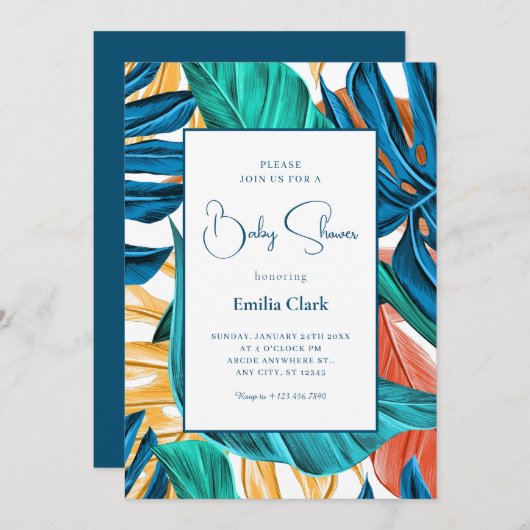 トロピカルブルー離れエロウの赤ちゃんシャワー 招待状 (正面/裏面)