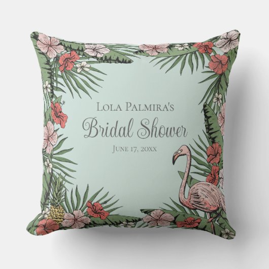 トロピカルブルー&ピンクフローラフラミンゴブライダルシャワー アウトドアクッション (正面)