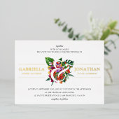 トロピカルブーケモダン&タイポグラフィ結婚ズ 箔招待状 (立ち正面)