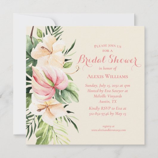 トロピカルプルメリア&フラミンゴリリーブライダルシャワーイン 招待状 (正面)