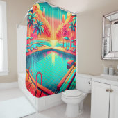 「トロピカルプールとシティスケープ鮮やか- レトロアート」 シャワーカーテン (インサイチュ)