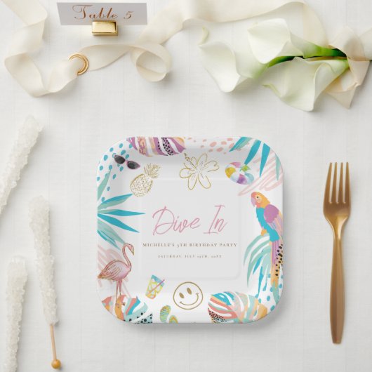 トロピカルプールパーティーガール誕生日 ペーパープレート (ウェディング)