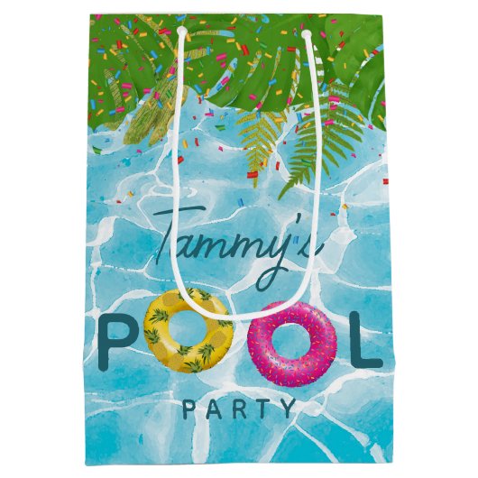 トロピカルプールパーティースイミングプール誕生日 ミディアムペーパーバッグ (裏面)