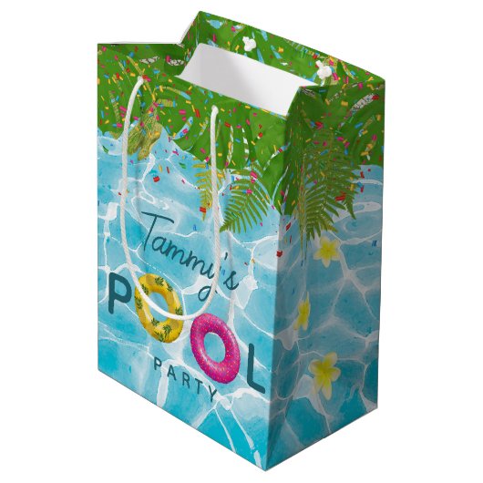 トロピカルプールパーティースイミングプール誕生日 ミディアムペーパーバッグ (裏面アングル)