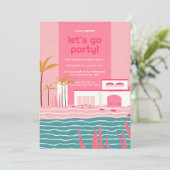 トロピカルプールパーティーレトロピンク誕生日 招待状 (スタンド正面)