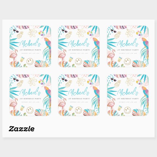 トロピカルプールパーティー誕生日 スクエアシール (シート)