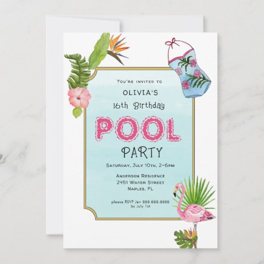 トロピカルプールパーティー |夏の誕生日パーティー 案内状 (正面)