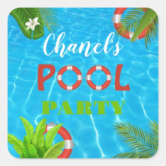 トロピカルプールパーティー |夏の誕生日 スクエアシール (正面)