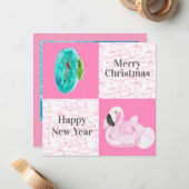 トロピカルプールフラミンゴフロアティトイルクリスマス ノートカード (正面/裏面インサイチュ)