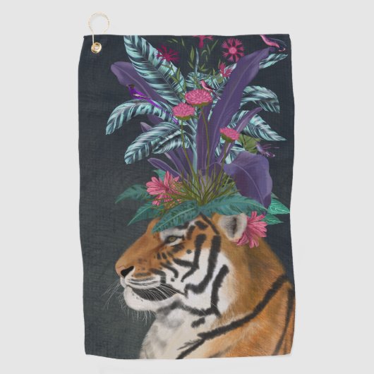 トロピカルヘッドピース付きタイガー ゴルフタオル (正面)