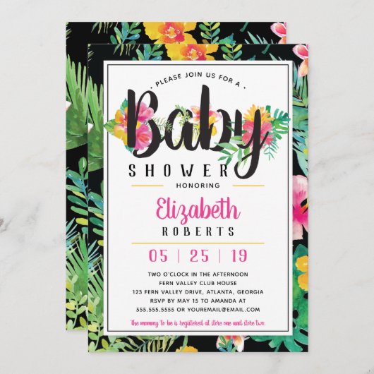 トロピカルベビーシャワー招待状、ルアウ（ハワイ式宴会） 招待状 (正面/裏面)