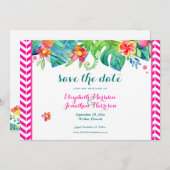 トロピカルベリーピンクティール(緑がかった色)フローラ結婚シェブロン セーブザデート (正面/裏面)