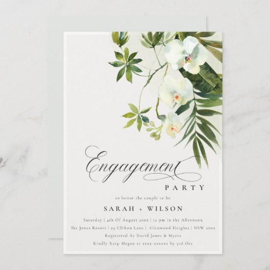 トロピカルホワイオーキッドパームファファウナ婚約招待状 サンキューカード (正面/裏面)