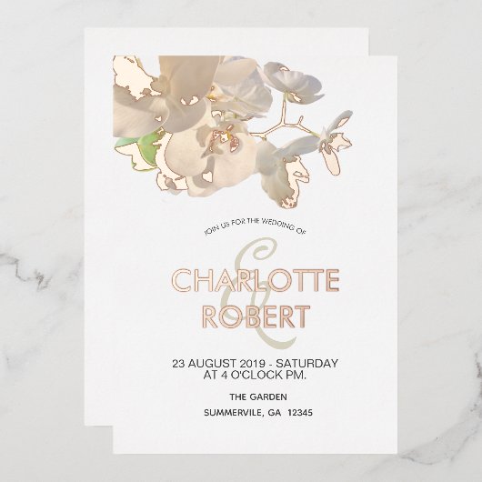 トロピカルホワイトオーキズバラゴールドフォイル結婚ズ 箔招待状 (正面/裏面)