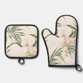 トロピカルホワイトオーキッド フラワーズ ブライダルシャワー 鍋つかみ&鍋敷きセット (正面)