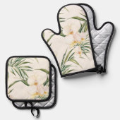 トロピカルホワイトオーキッド フラワーズ ブライダルシャワー 鍋つかみ&鍋敷きセット (正面/裏面)