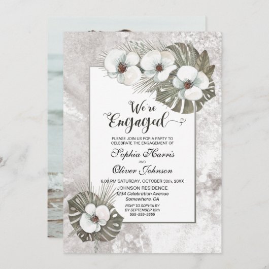 トロピカルホワイトオーキンスフォト婚約パーティ 招待状 (正面/裏面)