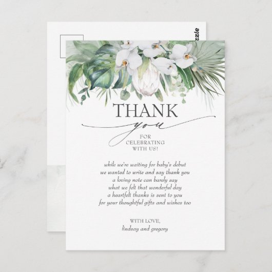 トロピカルホワイトキングプロテア赤ちゃんシャワーありがとう ポストカード (正面/裏面)