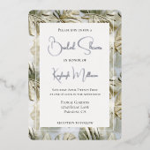 トロピカルホワイトグリーン離れ金ゴールドブライダルシャワー 箔招待状 (正面)