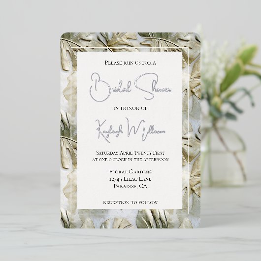 トロピカルホワイトグリーン離れ金ゴールドブライダルシャワー 箔招待状 (立ち正面)