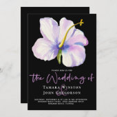 トロピカルホワイトフローラパープルブラックビーチ結婚式 招待状 (正面/裏面)