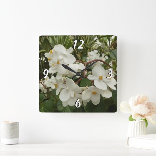 トロピカルホワイトベゴニアフローラ スクエア壁時計 (ホーム)