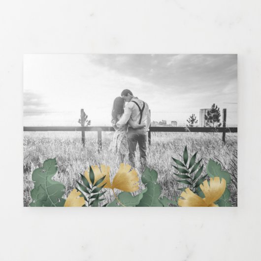 トロピカルホワイト大理石イエローパロットカップルウェディング 三つ折り招待状 (カバー)