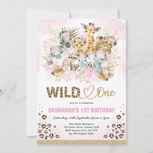 トロピカルボホサファリ動物ガールベビーシャワー 招待状 (正面)