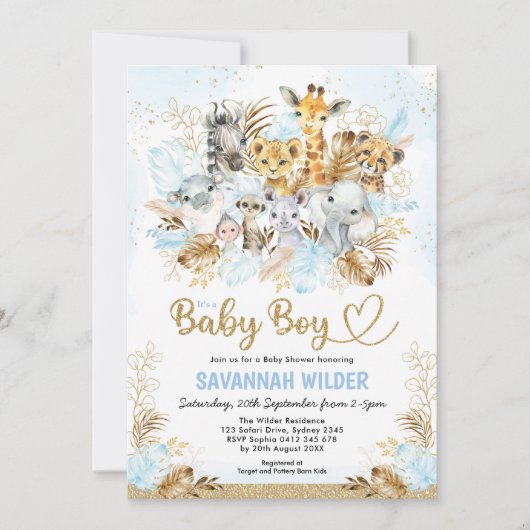 トロピカルボホサファリ男の赤ちゃんブルー金ゴールドシャワー 招待状 (正面)