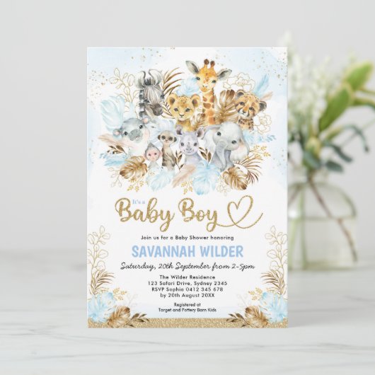 トロピカルボホサファリ男の赤ちゃんブルー金ゴールドシャワー 招待状 (スタンド正面)