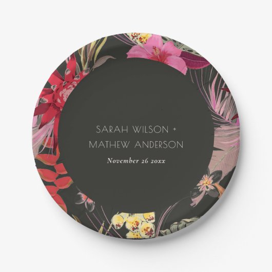 トロピカルボホダークブリリアムレッド赤面結婚フローラ ペーパープレート (正面)