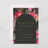 トロピカルボホダークレッドピンクフローラ結婚式RSVP エンクロージャーカード (正面/裏面)