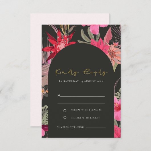 トロピカルボホダークレッドピンクフローラ結婚式RSVP エンクロージャーカード (正面/裏面)
