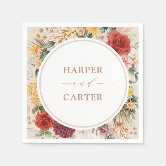 トロピカルボホパンパスグラス結婚フラワーズ スタンダードカクテルナプキン (正面)