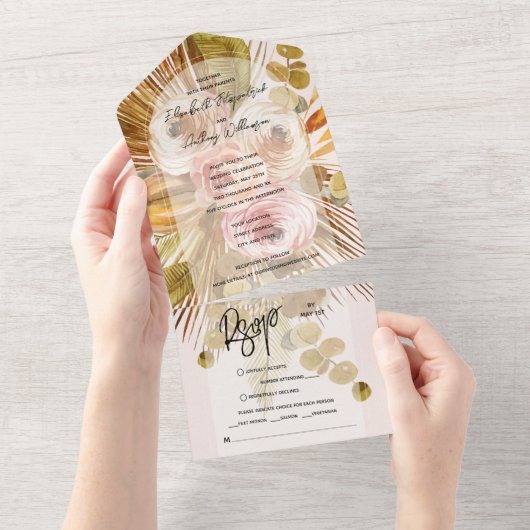 トロピカルボホフローラアーチ赤面ピンク結婚ズ オールインワン招待状 (貼ってはがせる)