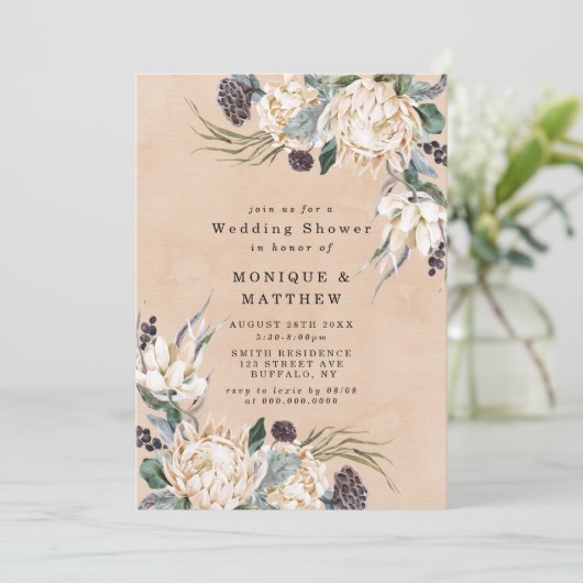 トロピカルボホホワイトプロテアウェディングシャワー招待状 (スタンド正面)