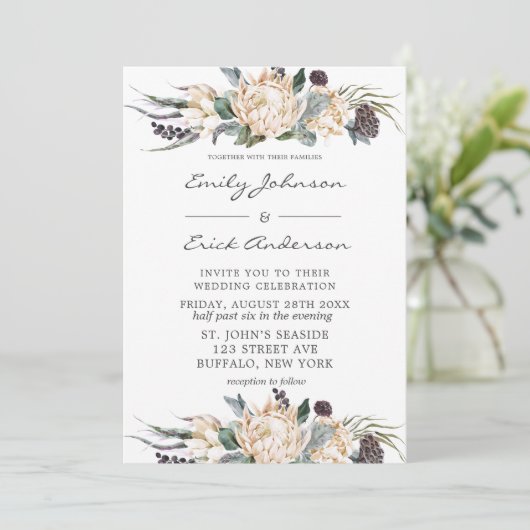 トロピカルボホホワイトプロテア結婚フローラのインビタティ 招待状 (スタンド正面)