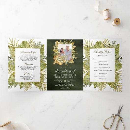 トロピカルボホ乾燥パームオリーブグリーン結婚写真 三つ折り招待状 (内部)