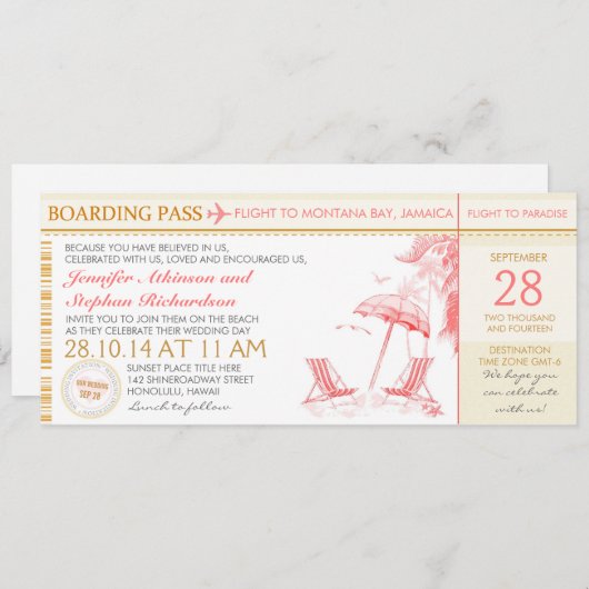 トロピカルボーディングパス目的地の結婚式招待状 招待状 (正面/裏面)